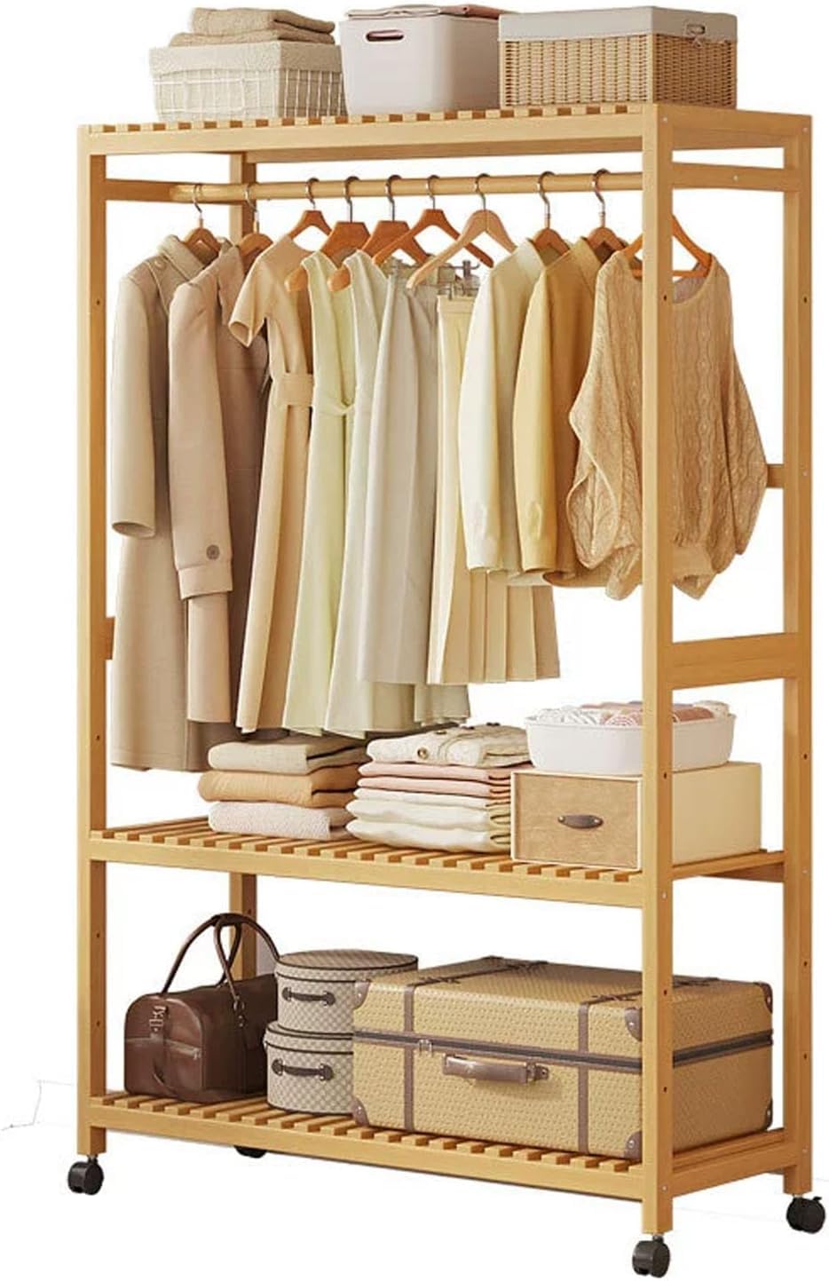 FGXHHS Bamboo Clothes Rack with Rail, Free-Standing Coat Castors, Multifunctional Open Wardrobe for Bedroom, Hallway or Living Room (83X34X160CM)