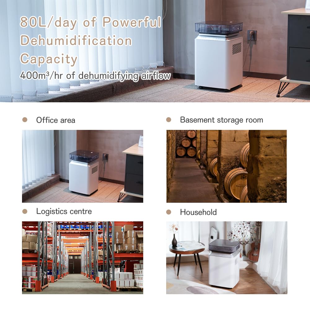 Kalopsia Deumidificatore Casa Muffa Portatile: Professionale 80L/Giorno Pompa 5M Drenaggio Automatico per Grandi Ambienti 170㎡ Silenzioso 46dB Cantina/Bagno/Stanza/Seminterrato/Garage/Ufficio