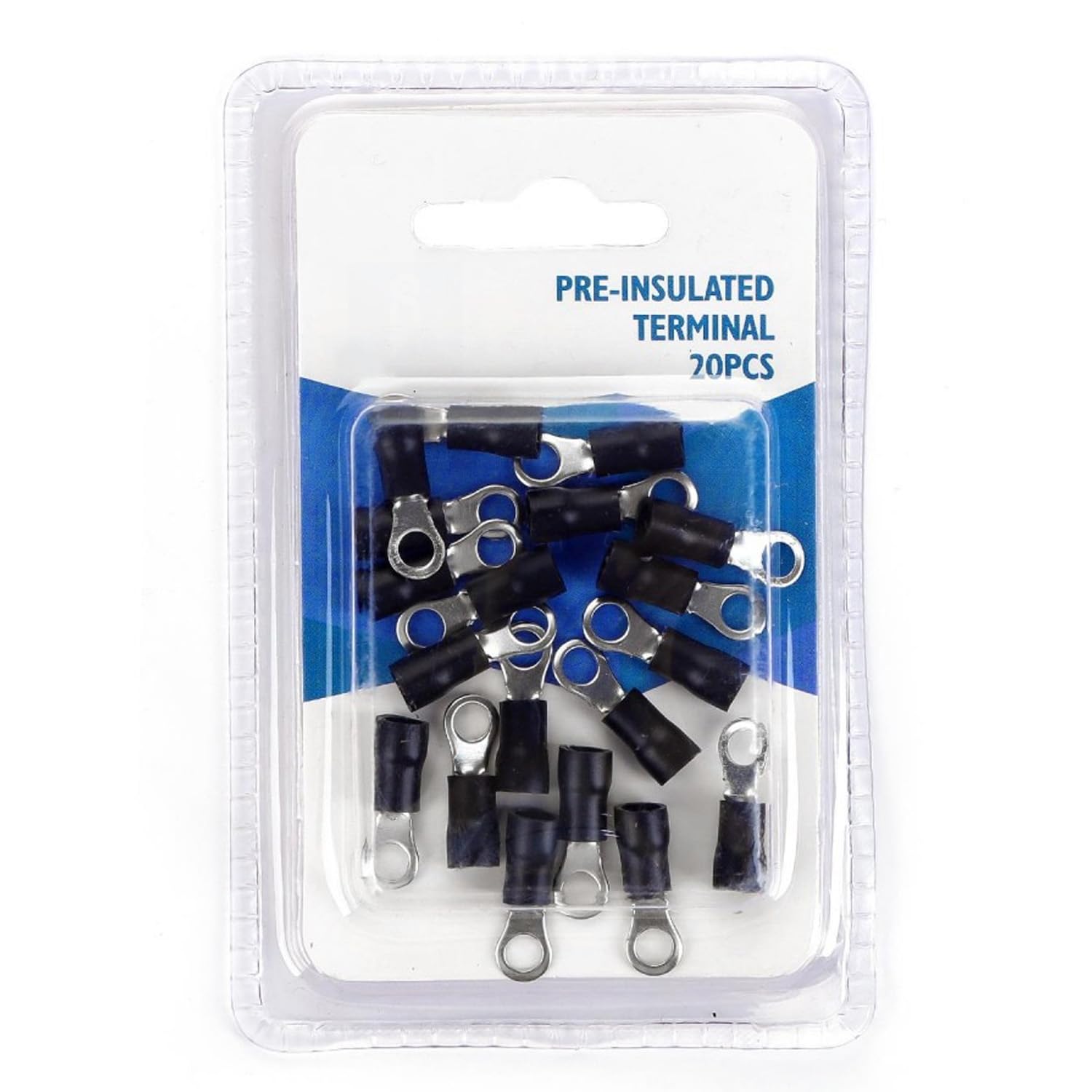 Black RV3.5-5 pre-insulated terminal, perfect for secure electrical connections. Comes in a blister pack of 15, ideal for home and professional projects.