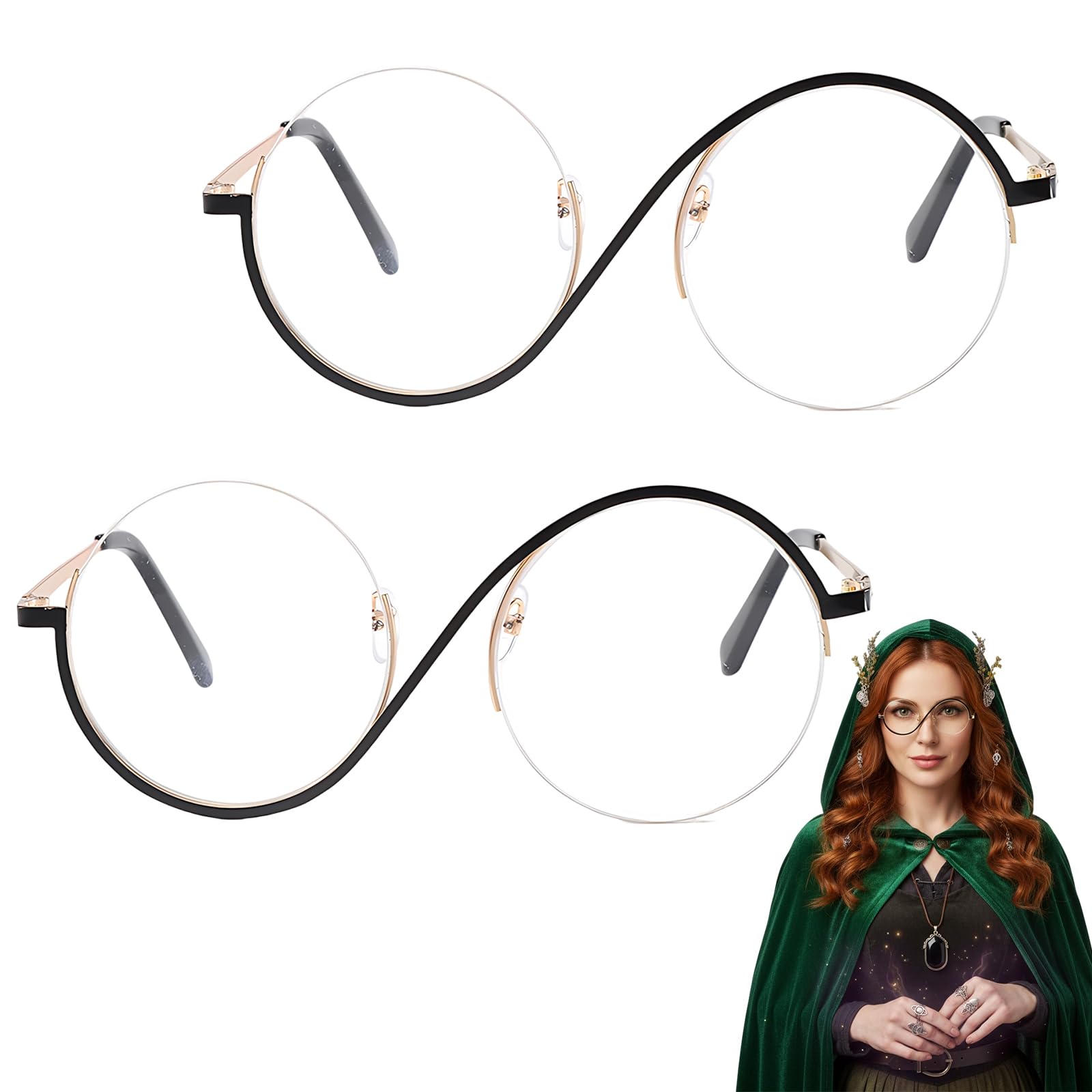 YTLSDHF 2 Pcs Wicked Glasses for Costume Metal Frame Black and Gold Round Eyewear for Women Man Cosplay Eyewear Eyeglasses for Witch Costume Carnival Fancy Dress Role Play Party