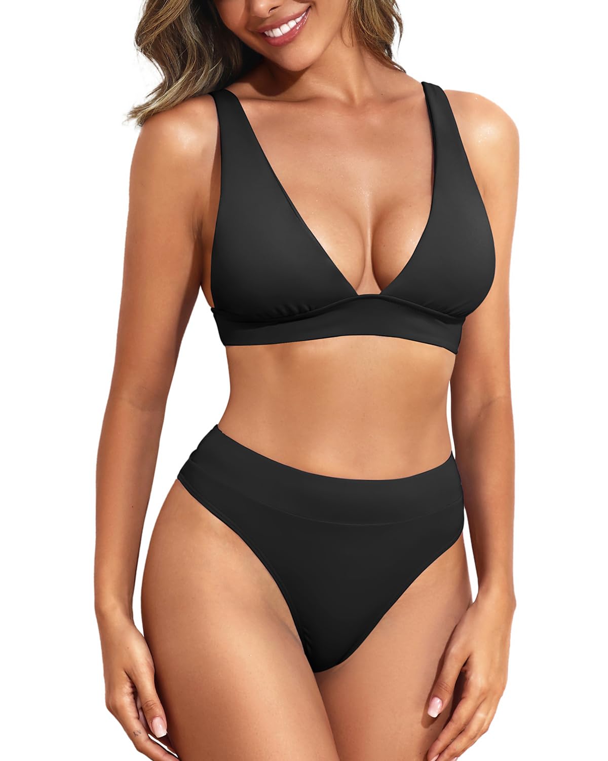 Yonique High Waisted Thong Bikini Set Two Piece Swimsuit High Cut Bikini V Neck Bathing Suit