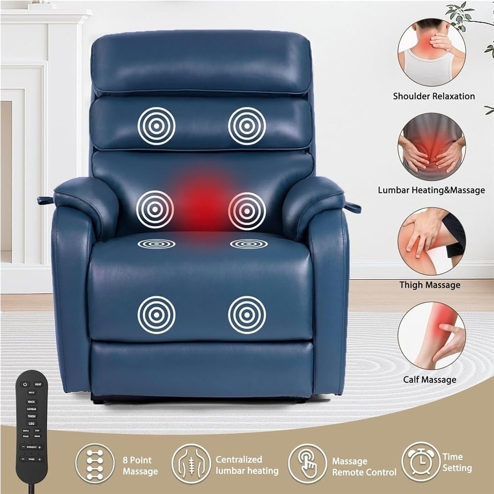 Blue Wide Power Lift Recliner Chair Heavy Duty Adjustable Leather Electric Sleeper Sofa with Heat Massage Charging Ports Oversized Seat for Adults Living Room Furniture