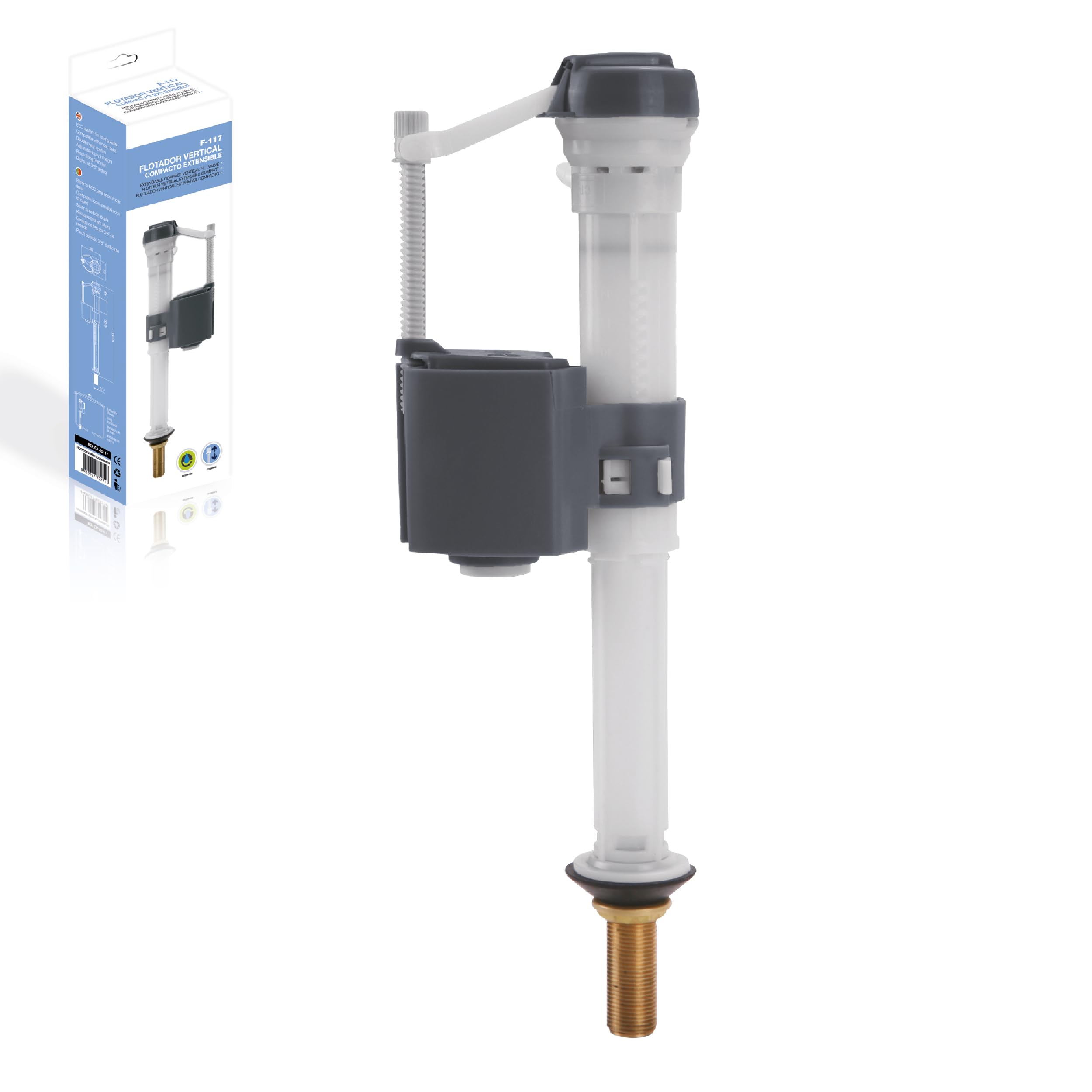 HOMSSY Flotador Cisterna WC Vertical F-117 – Válvula Llenado Universal 3/8" Latón, Altura Ajustable, Boya Regulable, Sistema Extensible Compacto, Instalación Fácil para Tanque Bajo