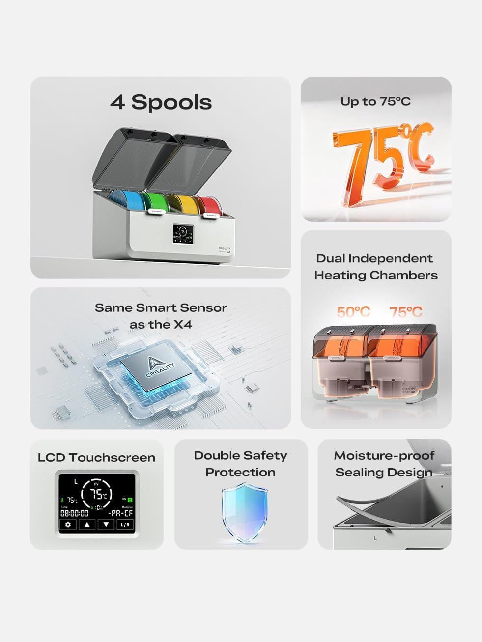 Creality SpacePi X4L Filament Dryer, 4 Spools Dual Chamber Up to 75°C, LCD Touchscreen Moisture-Proof Storage for Multi-Color Printing