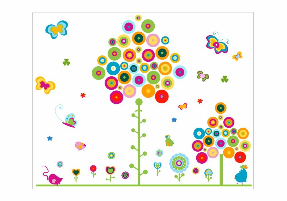 Nikima 083 - Adesivo da parete per cameretta dei bambini, motivo alberi colorati, farfalle, in 3 misure, simpatici adesivi e adesivi per la cameretta dei bambini, 1500 x 1200 mm