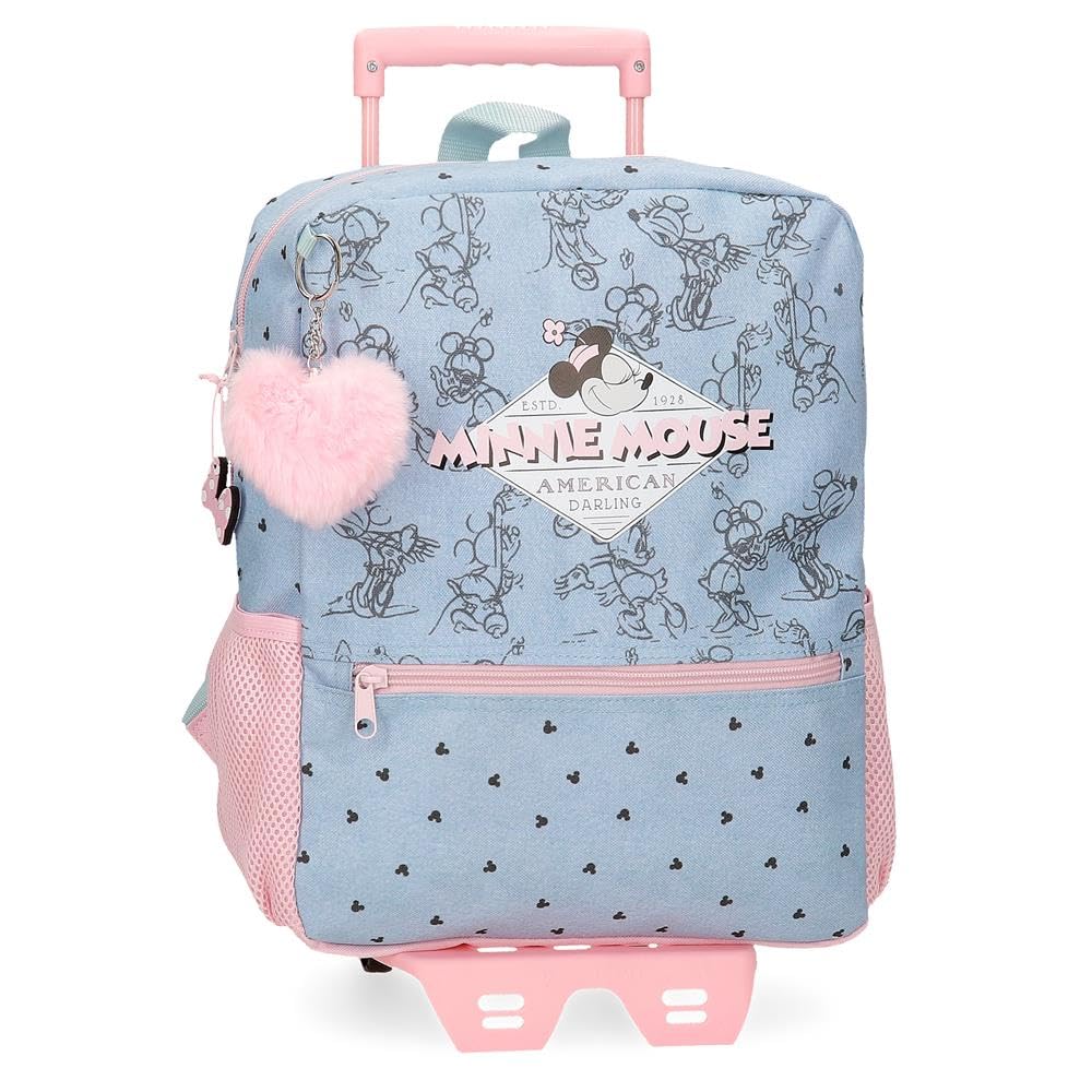 Disney Joumma Bags Minnie American Darling Mochila Infantil, Azul y Rosa, Fabricada en Poliéster, Tirantes Ajustables para llevarla cómodamente, Varios Compartimentos, con Llavero pompón Rosa