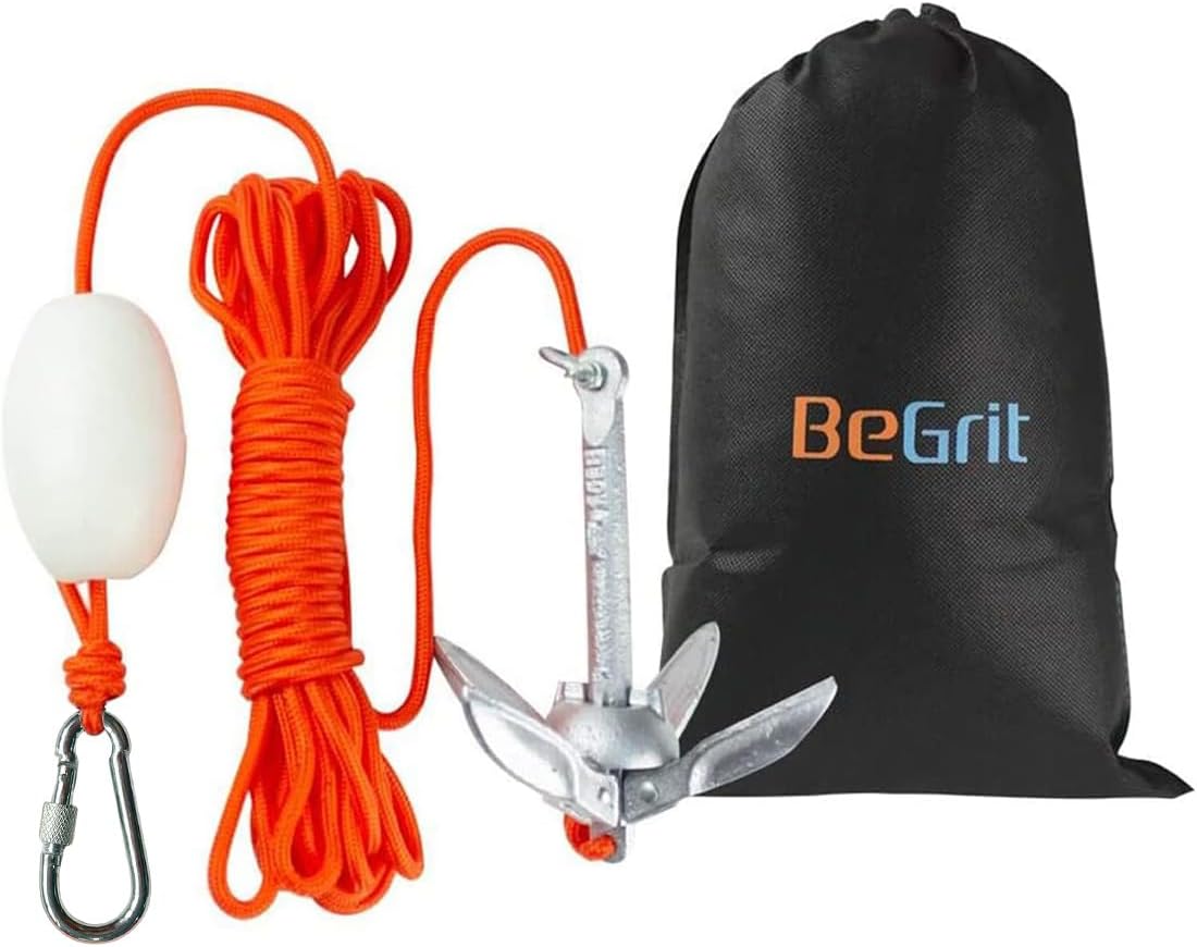 BeGrit مجموعة مرساة كاياك مرساة بحرية، 0.7 كجم مرساة العنب القابلة للطي من أجل Canoe Jet Ski SUP & Paddle Board 1.5 lb with 32.8 ft Anchor Tow Rope Carrying Bag