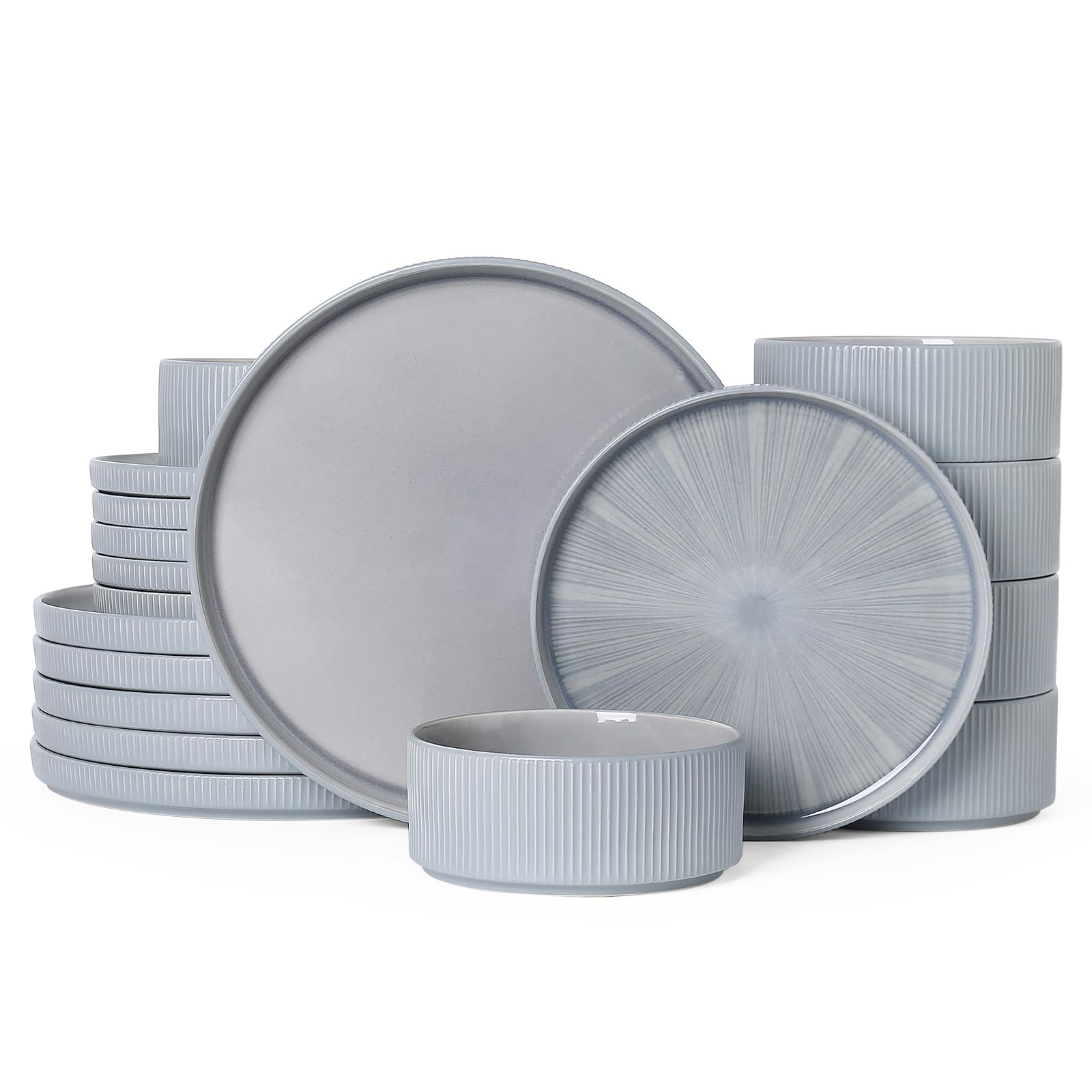 Stoneware Dinnerware Sets for 6, 18-Piece Plates and Bowls Set, Smoky Blue