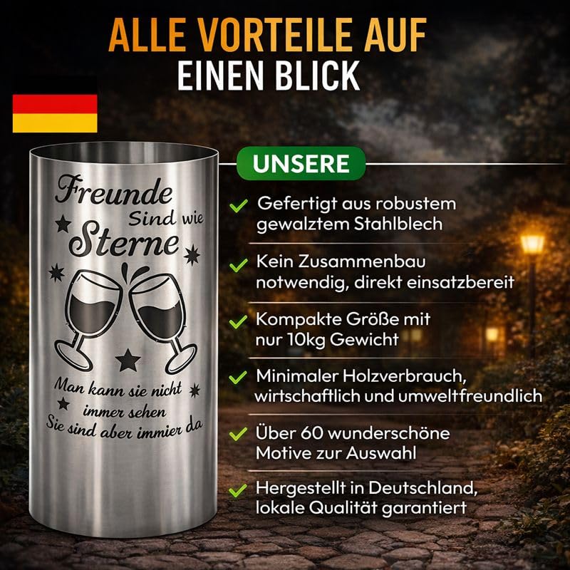 Feuertonne aus Stahl mit Spruch Freunde sind wie Sterne