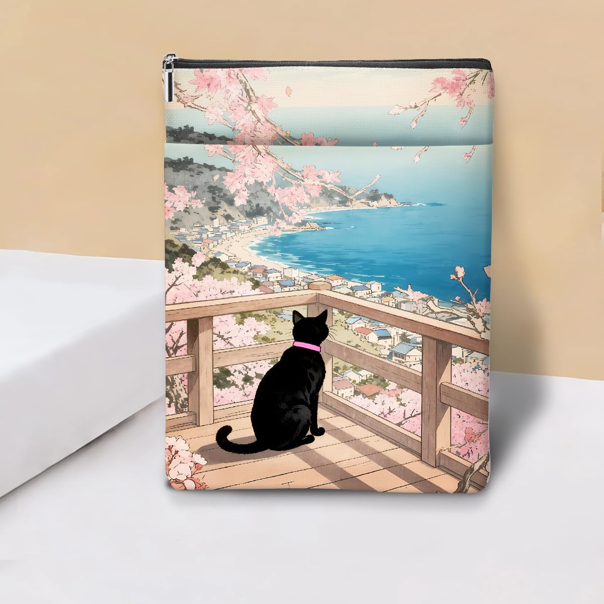 Japanese Kimono Cat Ocean Book Sleeve, Book Lovers Gifts Sleeve with Zipper & Front Pocket, 11.5x8.8 Inch Canvas Books Cover Protector Bookish Cat Lover Gifts for Readers Women Friend Birthday Gift — view 14