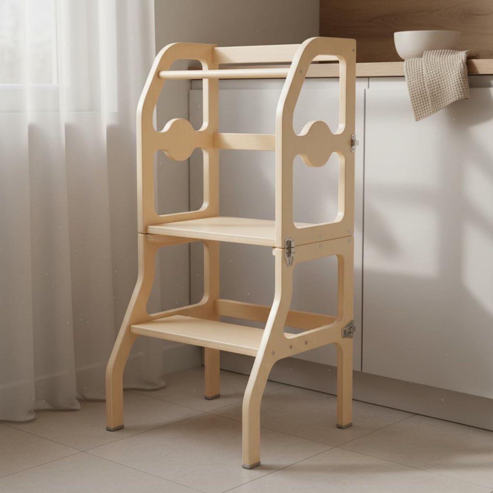 Kinder Lernturm Faltbarer Tritthocker Kinderstuhl Holz Lernhocker mit Klappfunktion Platzsparend Stabil für Alltägliche Aufgaben Am Waschbecken für Küche Badezimmer Heimgebrauch, Naturholz