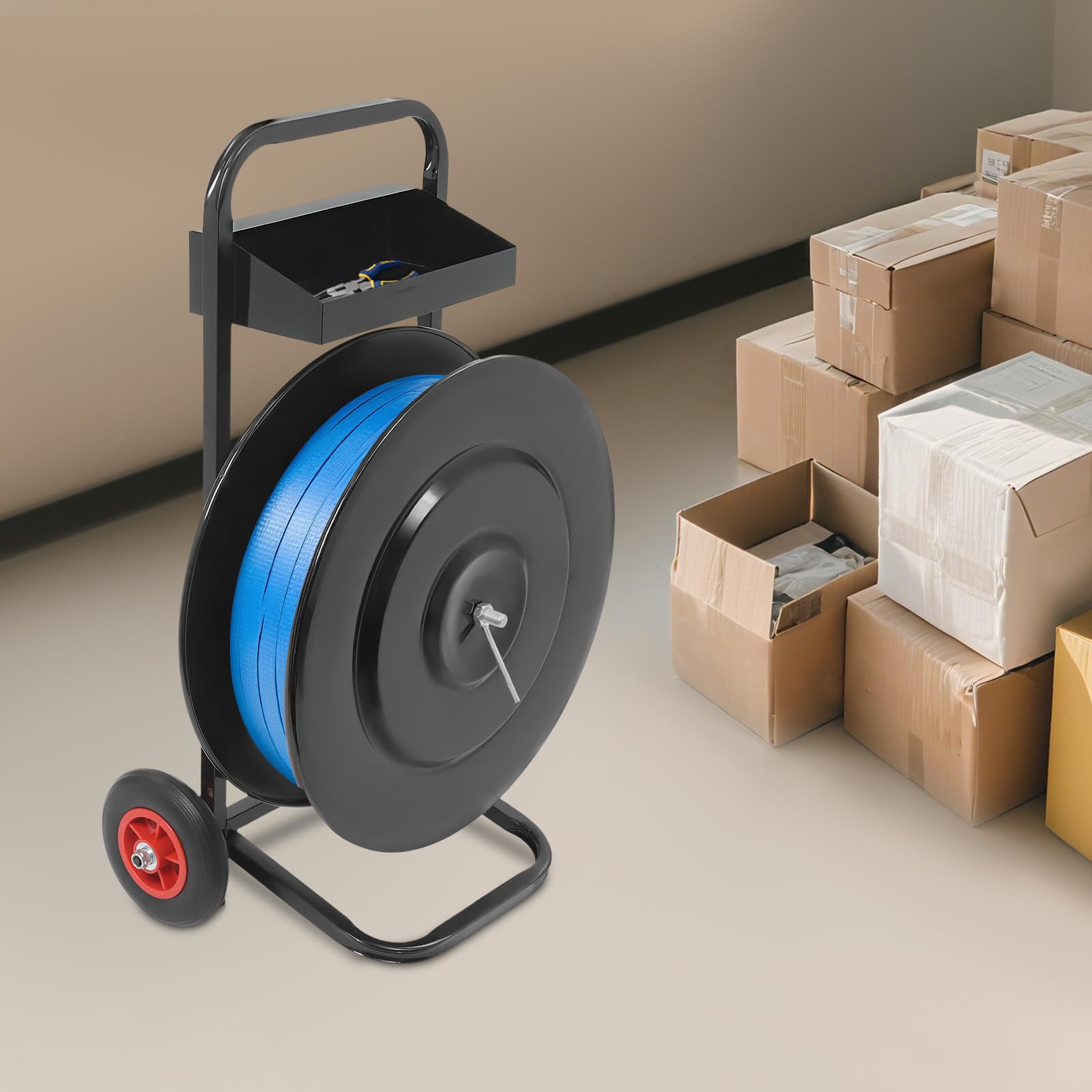 Chariot roulant pour bande de cerclage - Distributeur mobile avec bac de rangement robuste