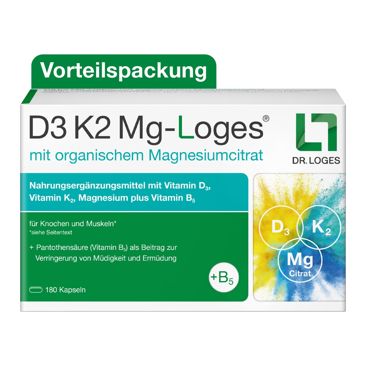 D3 K2 Mg-Loges Kapseln 180 Kapseln Stark für Knochen und Muskeln