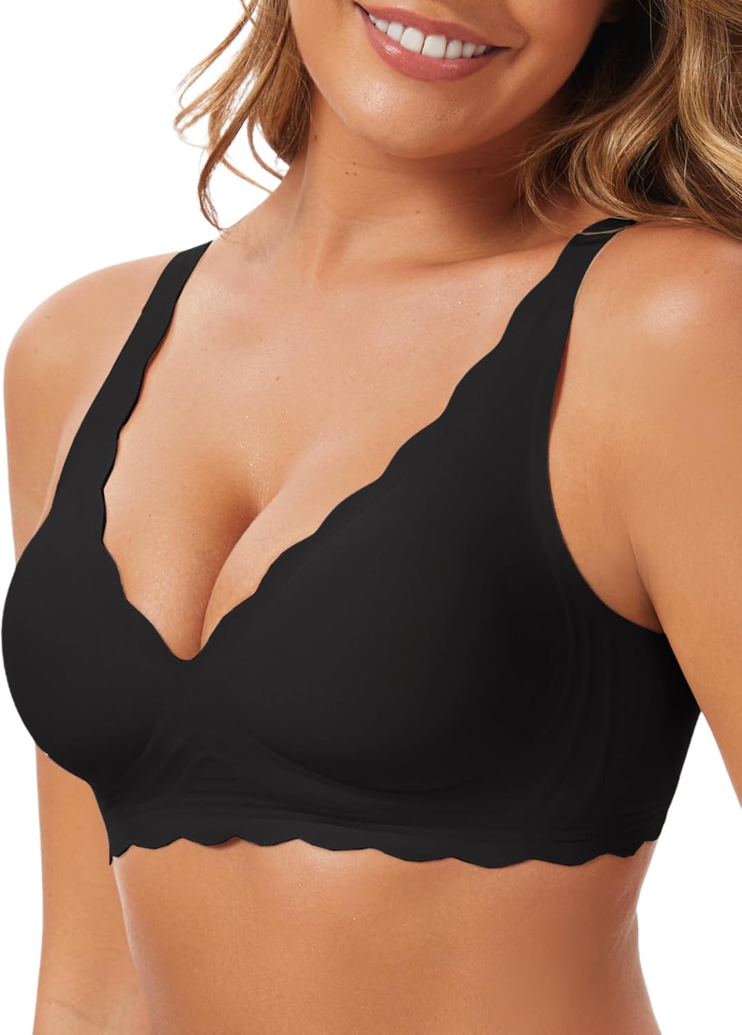 Seamless Wavy Bra Padded Bralette - Deep V Bras for Women Smoothing Back Scalloped Wireless Lifting Soft Jelly Bra