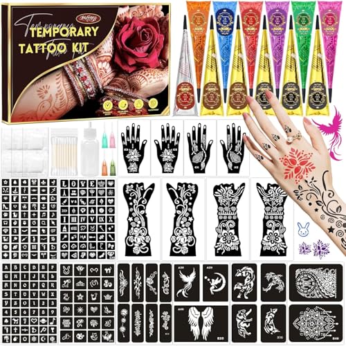 InkForge 217 PCS Temporary Tattoo Stencil Kit with 12 Tattoo Cones in 9 Colors,16 Sheet Designed Tattoos Pattern Templates for Valentine, Body Art DIY Skin Painting Gifts Set for Party Festival