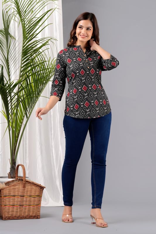 Image of Women's Cotton Printed Kurta Top | 3 /4 Sleeve Straight Kurti Casual Outings
