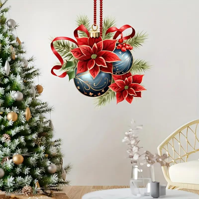 Christmas Bell Poinsettia Christmas Ornaments Toilet Cover Sticker Decals,Spring Flower Leaf Butterfly Waterproof Toilet Lid Tank Seat Decals Cistern Self-Adhesive Bathroom Wall Sticker