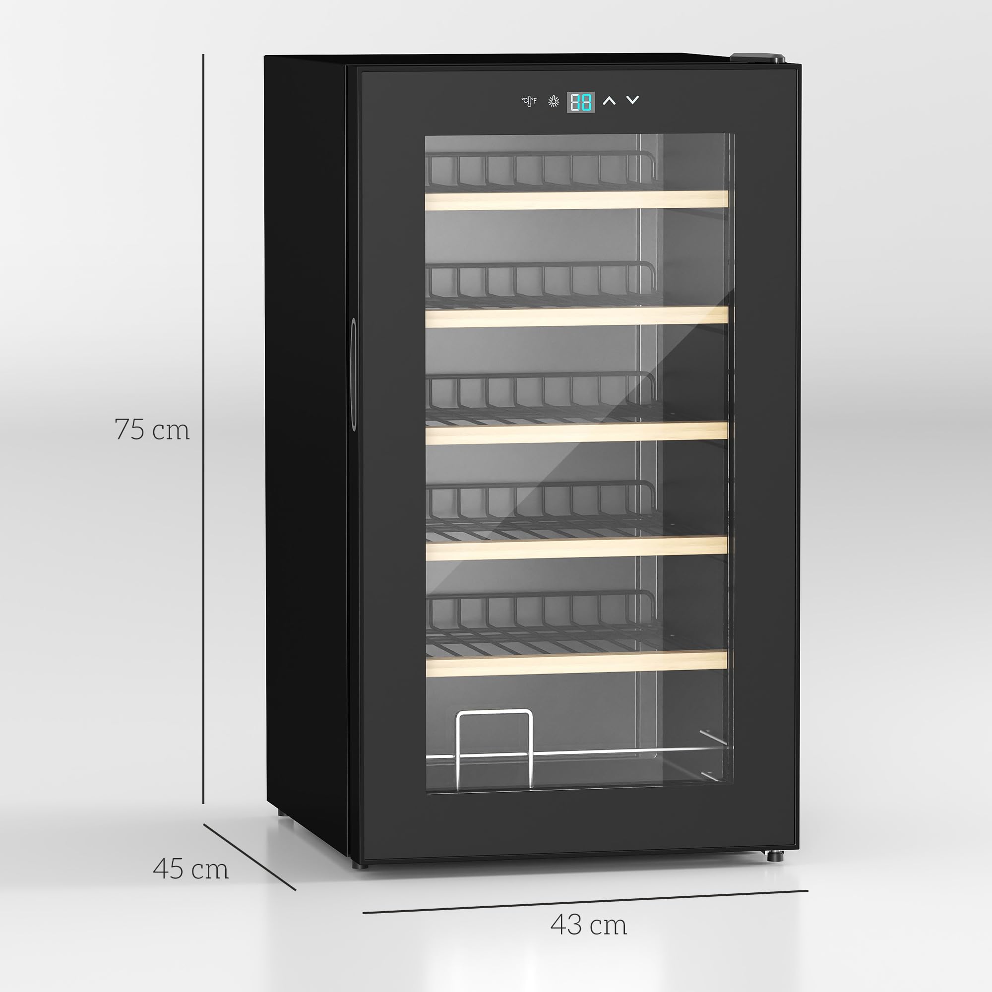 HOMCOM Nevera Vinos 24 Botellas 65L Vinoteca con Luz LED Interior Pantalla Táctil Digital Control de Temperatura Puerta de Vidrio y 5 Estantes de Metal Negro