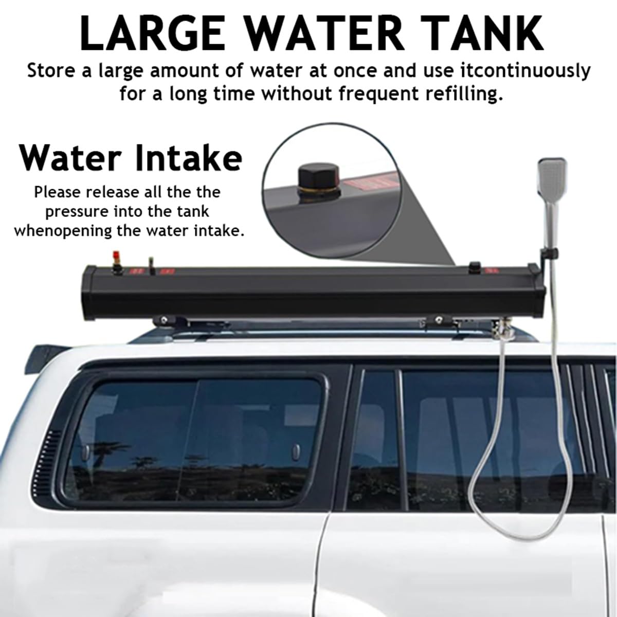 Doccia Solare da Campeggio, Doccia da Strada con Montaggio su Portapacchi, Tubo dell'Acqua da 1,5 m e soffione, Serbatoio dell'Acqua autopressurizzato per Veicoli, Camion, berline, Camper