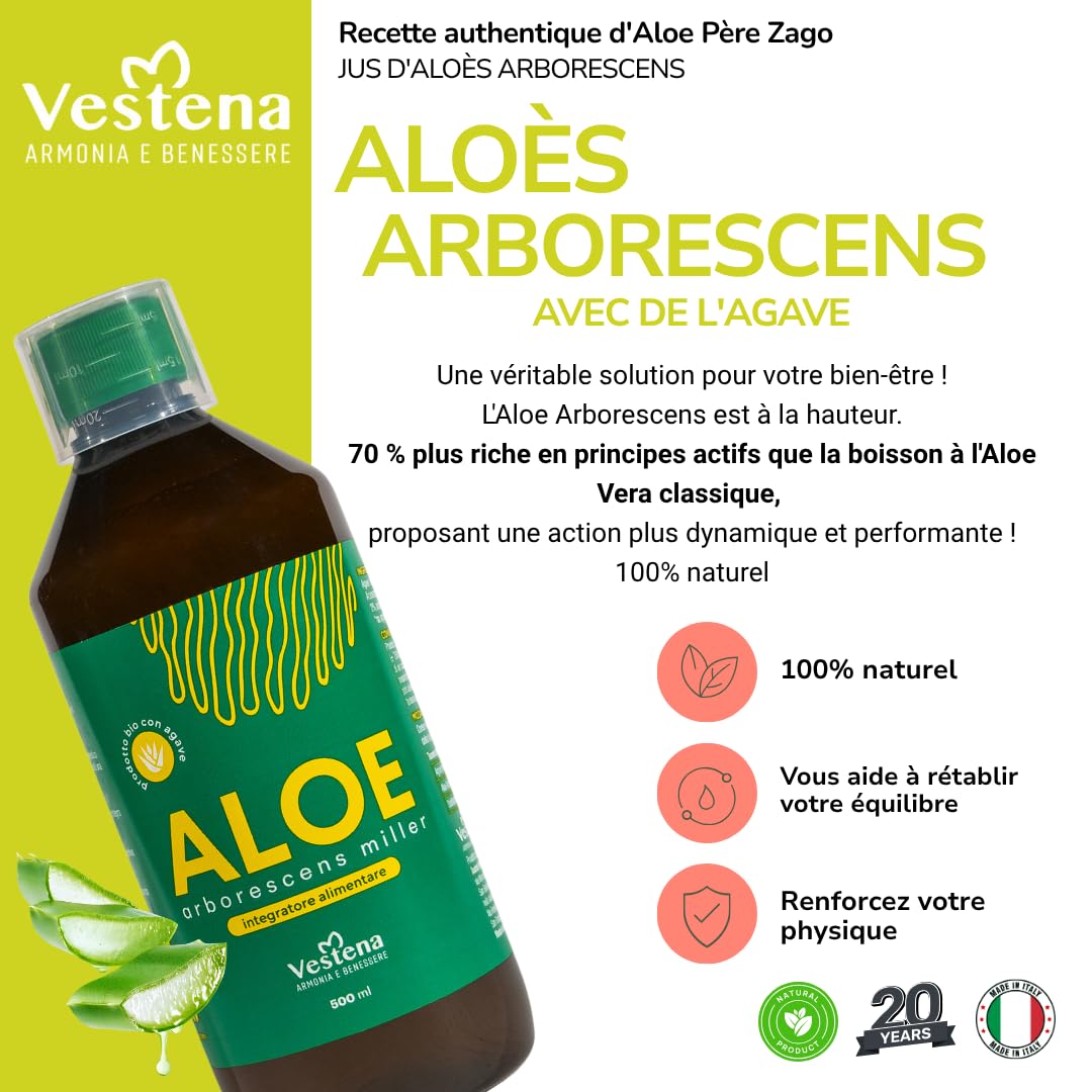 Vestena - Aloe Arborescens avec Agave 100% Pur, Naturel - Recette Père Zago. Jus Détox Naturel pour Foie et Intestins, Drainant Puissant Minceur - 500 ml - Made in Italy
