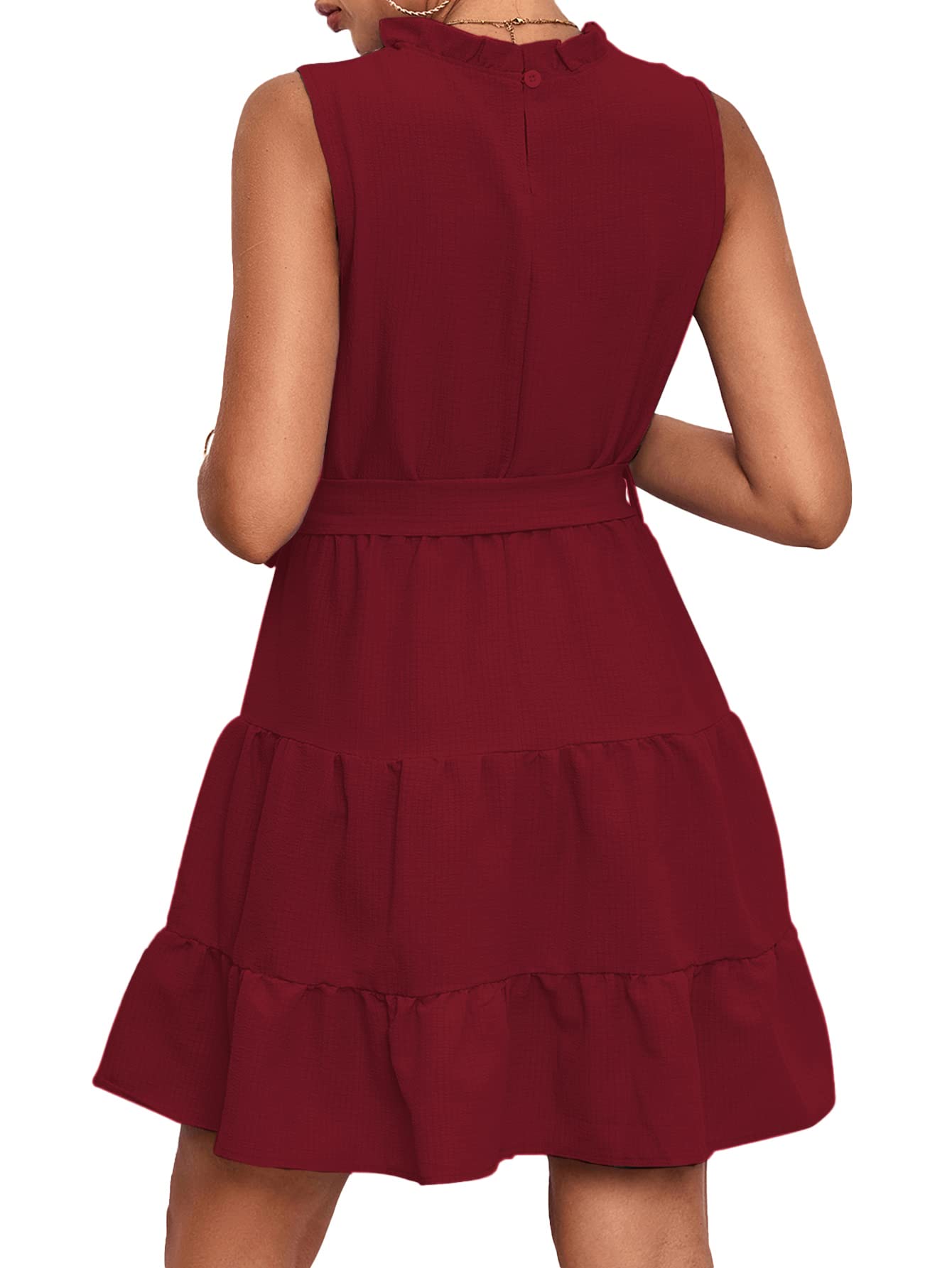Umenlele Vestido corto para mujer, con cuello redondo, sin mangas, con nudo de corbata, cintura alta, volantes en capas, Rojo vino, S