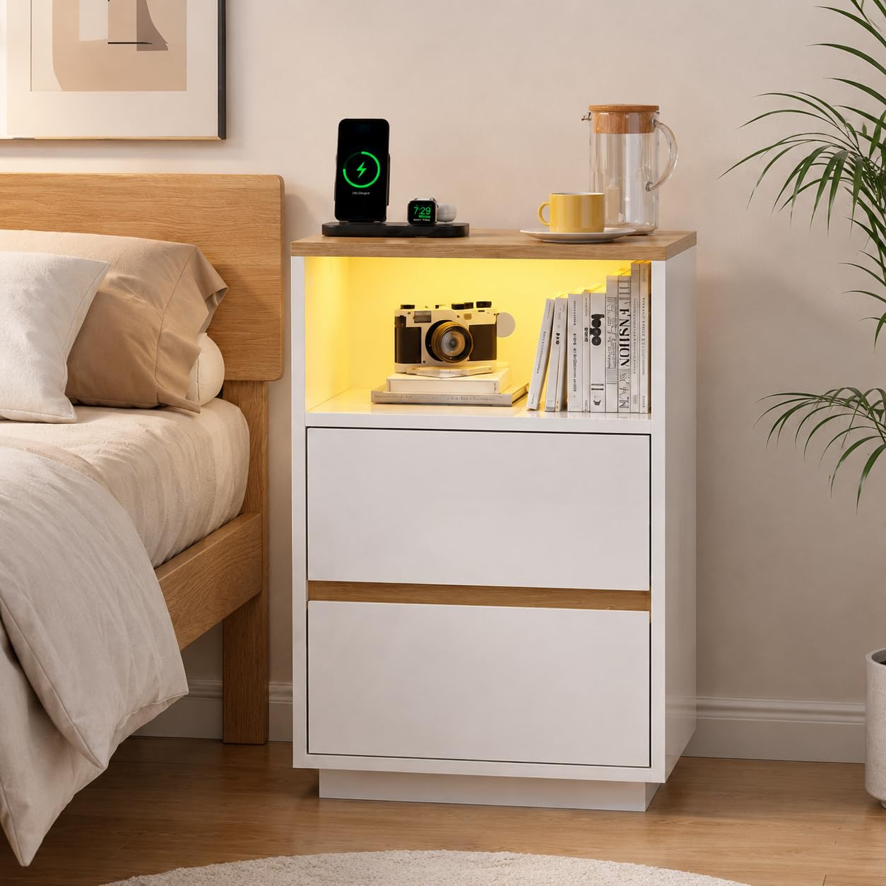 Bonnlo Bedside Table,2 Drawers Bedside Cabinets,Nightstand Finish Nightstand with With Charging Station and RGB,Modern Storage Cabinet for Bedroom Decor 40×30×60cm