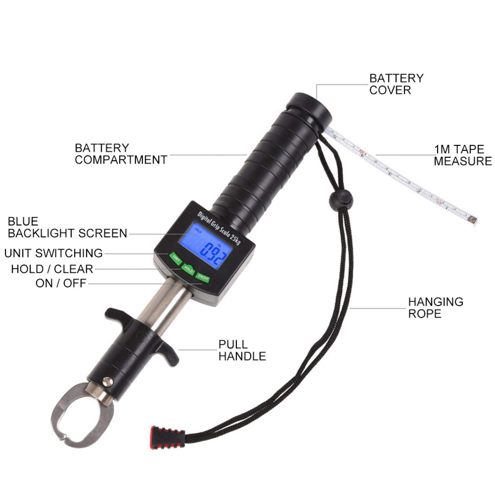 Báscula de pescado digital, soporte de agarre de labios de pescado con regla de cinta métrica de 1 M y báscula de peso de 25 kg/55 lb