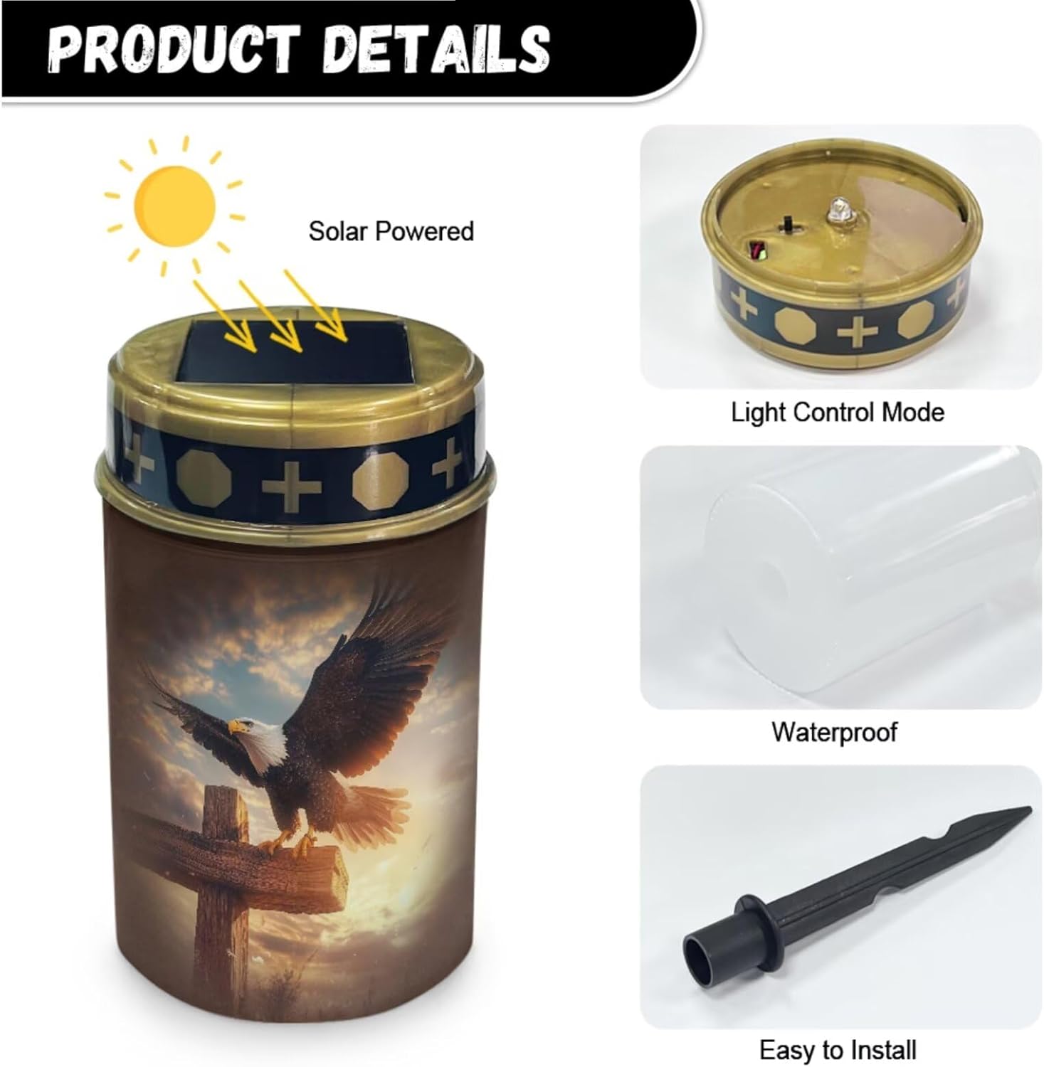 Merkmak Cross Eagle Solar Lights for Cemetery Gravesite Solar Powered Pathway Lights Outdoor Waterproof Graves Decorations for Prayer Flameless Candle Set of 2