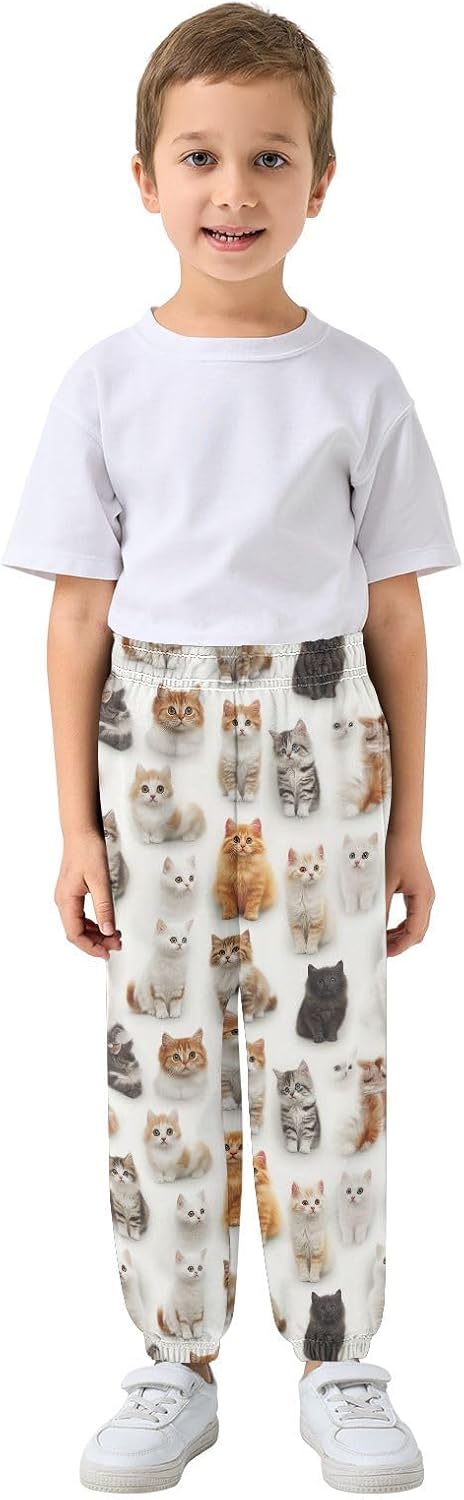 Boy Sweatpants Cat Animal Cartoon Joggers Casual Athletic Pants Kids Elastic Waist Cuffed with Pockets