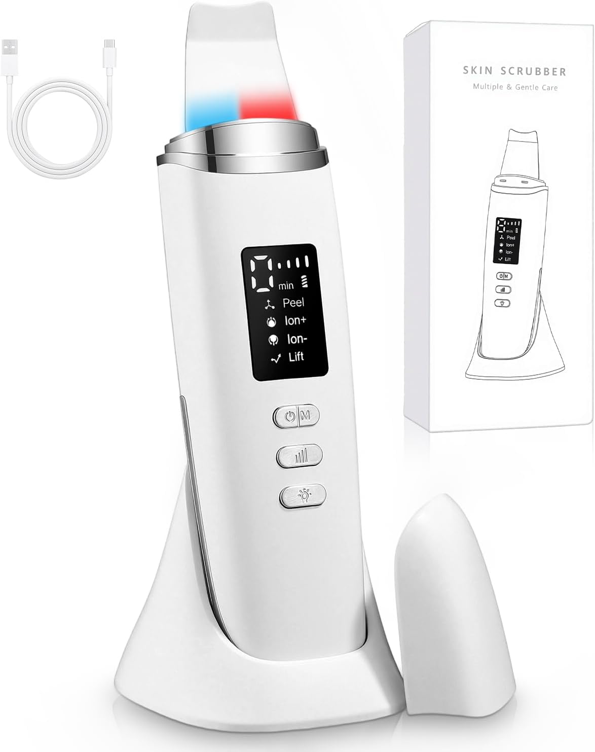 Ultrasonic Skin Scrubber, Pore Cleanser Face, with 4 Face Modes and Adjustable Intensity, Red and Blue Light, LED Display and Automatic Shut-Off, Blackhead Remover