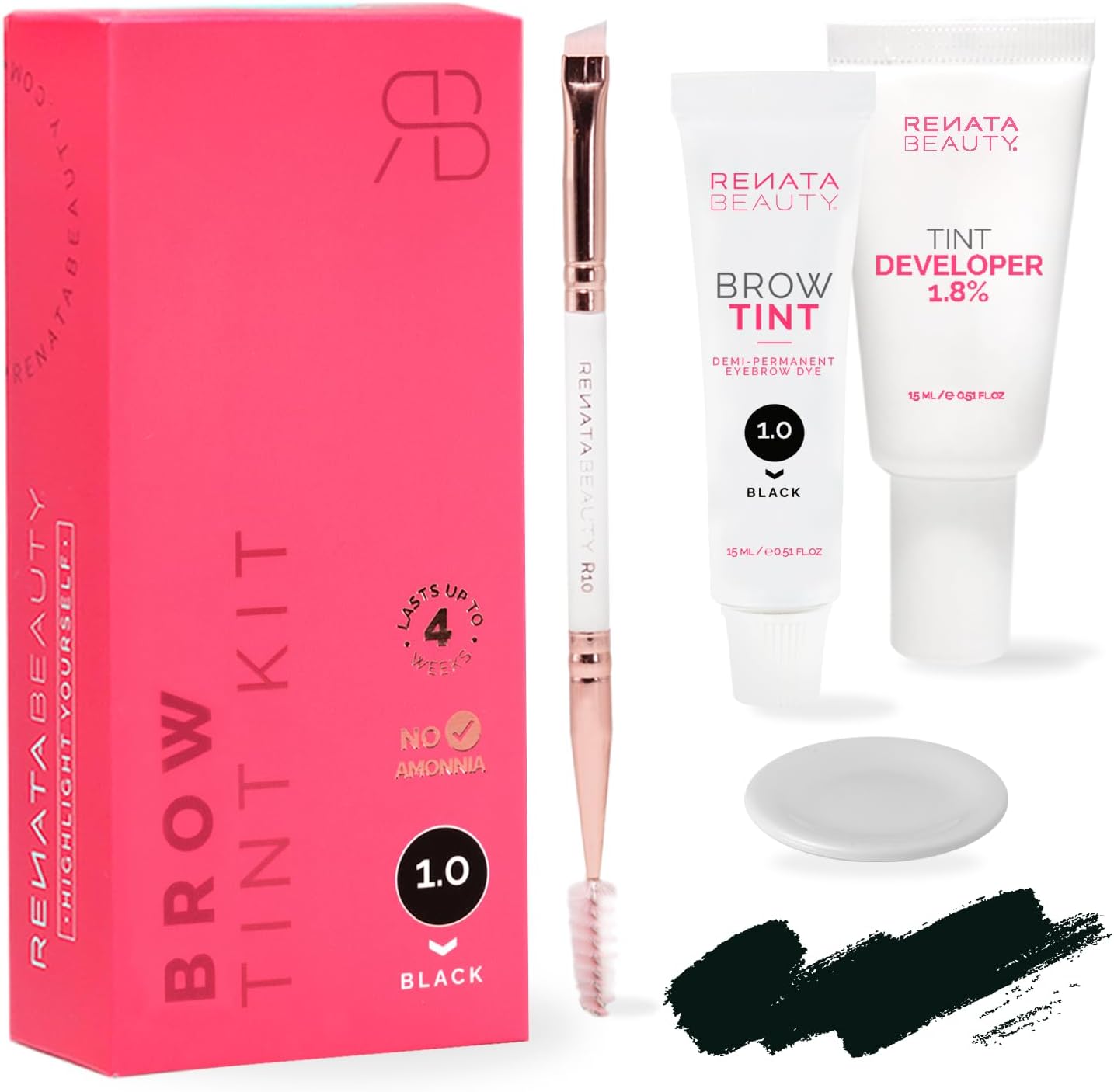 RB RENATA BEAUTY Brow Tint Kit – Eyebrow Dye Set – Dye Kit with Color Tint, Cream Developer and Styling Brush – Long-Lasting Effect Up to 4 Weeks – 30 Applications [Black]