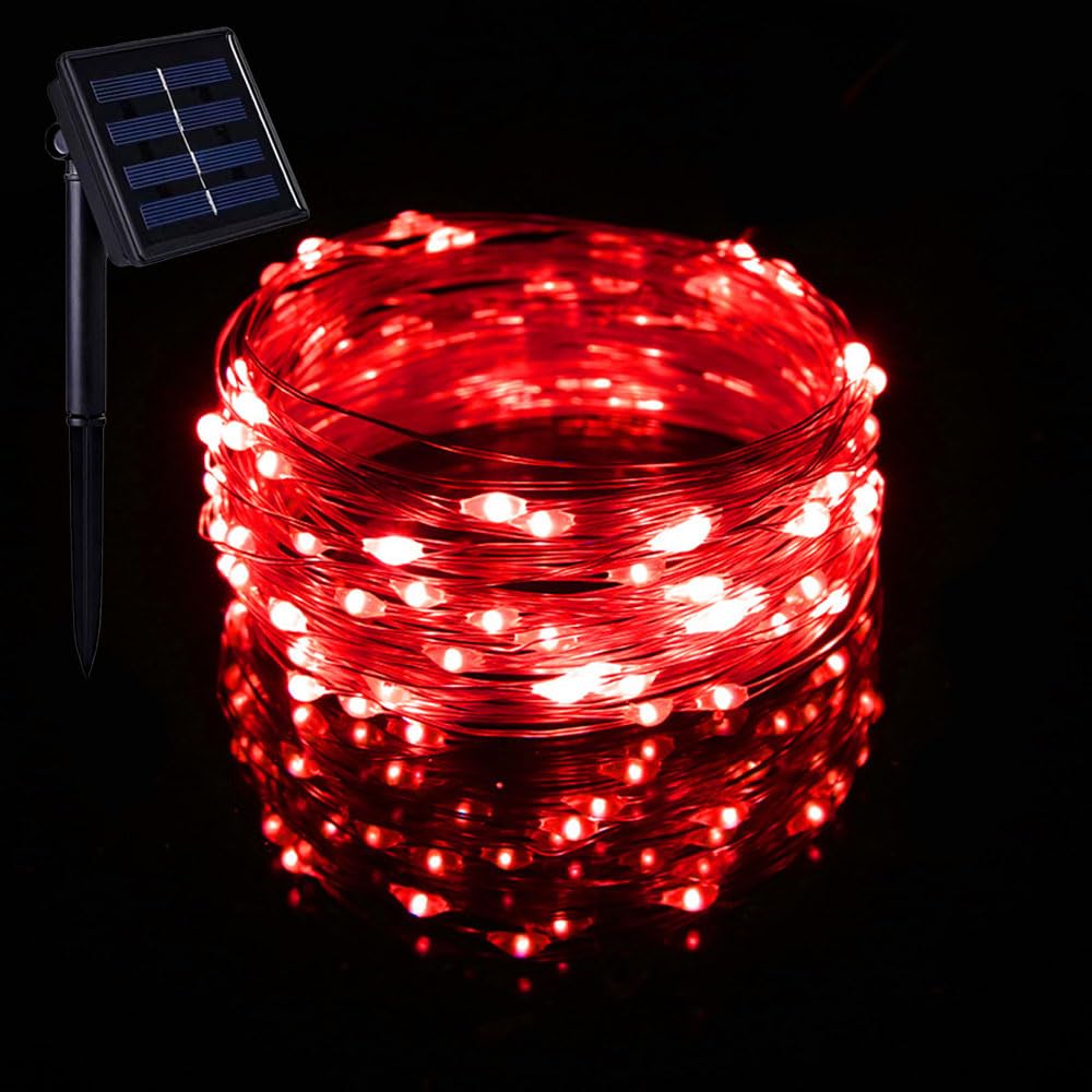 Treer Solar Outdoor Fairy Lights, Solar Powered Copper Wire Garden Lights, Outside IP65 Waterproof Garden Ornaments Outdoor LED String Lighting for Wedding Yard Patio (Red,7m)