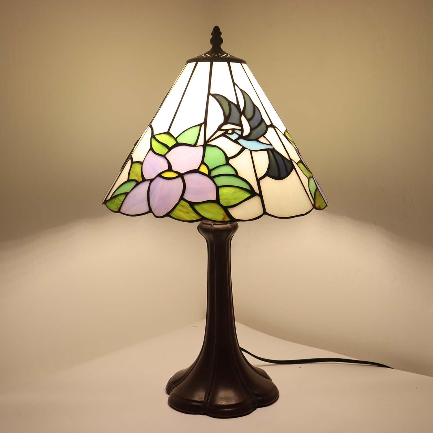 Bieye L11052 Tiffany Style Stained Glass Hummingbird Table Lamp for Home Decoration (12" Wx19 H)
