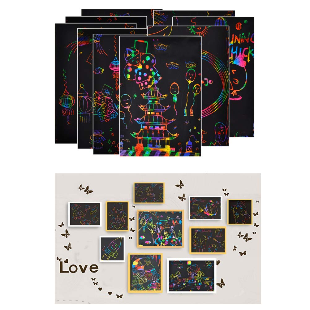 Papier à Gratter Arc-en-Ciel - 100 Feuilles + 2 Stylos En Bambou - Activité Créative Pour Enfants - Jeu De Dessin Scratch Art - 2