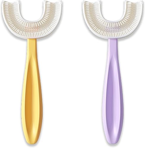 Cepillo de dientes en forma de U para niños de 6 a 12 años. Dos cepillos de dientes suaves de alta calidad vienen con estuche de viaje y cepillos de