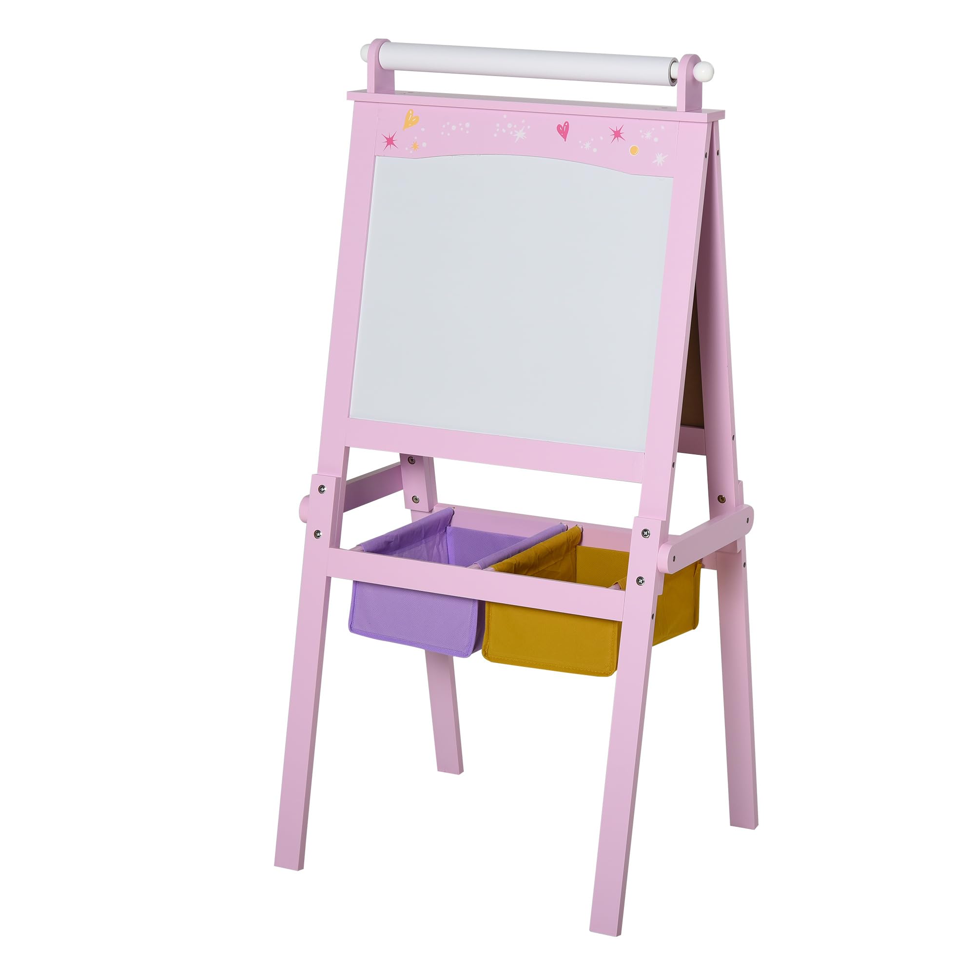 HOMCOM Lavagnetta per Bambini in Legno Rosa con Cavalletto 3 in 1 | Lavagna Bianca, Lavagna Nera, Rullo Fogli di Carta
