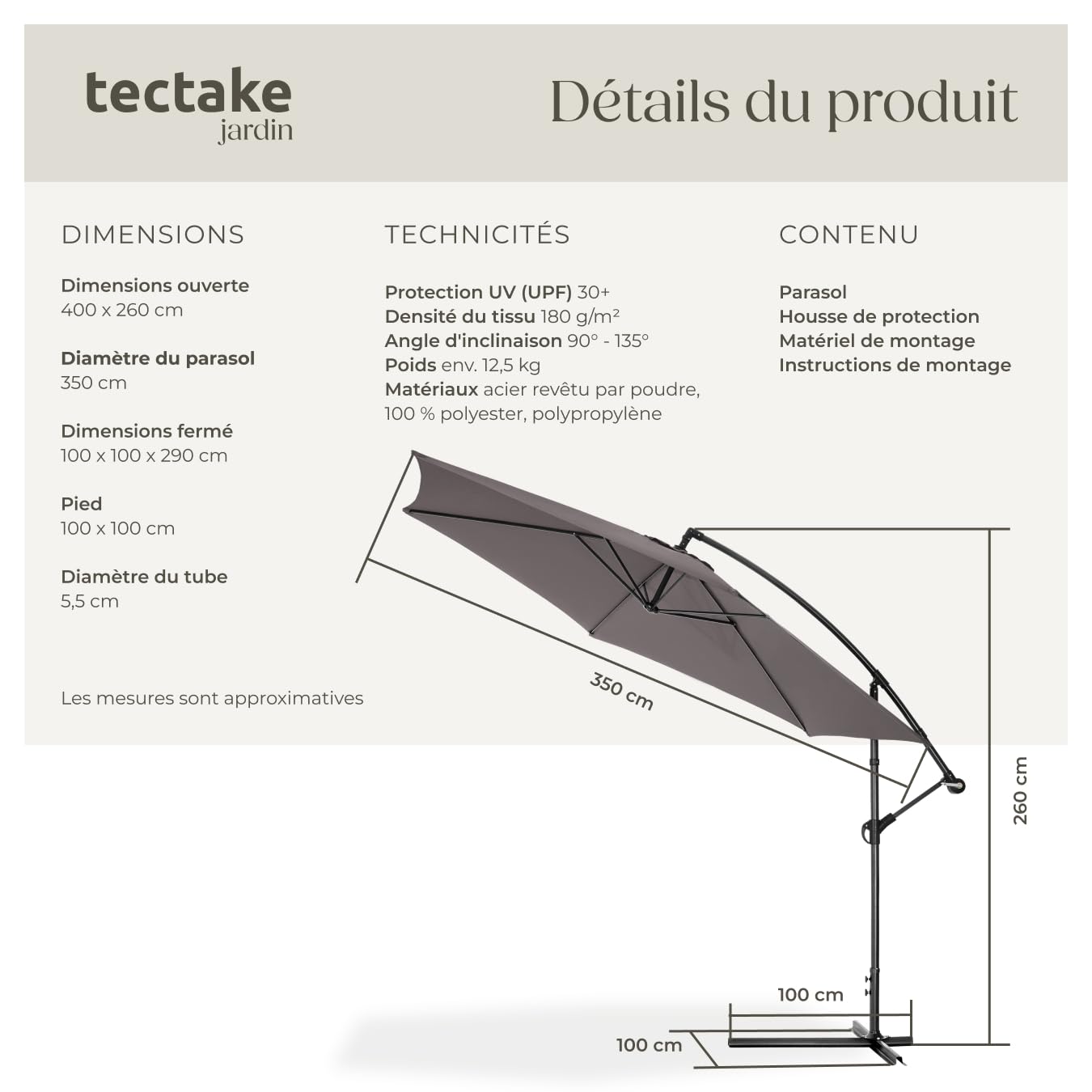tectake® Parasol de Jardin Exterieur Parasol Déporté Héxagonal à manivelle Cadre en Acier, Ø 350 cm, Inclinaison réglable, Protection UV, Résistant au vent, Housse de protection pour Parasols incluse