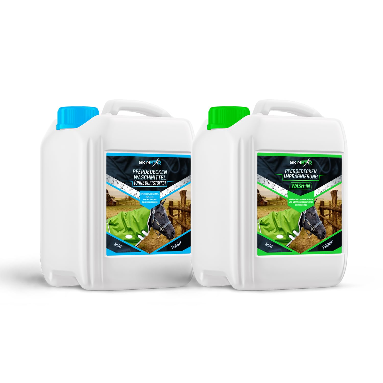 SkinStar Pferdedecken-Waschmittel ohne Duftstoffe + Wash-In Imprägnierung Doppelpack je 2,5L