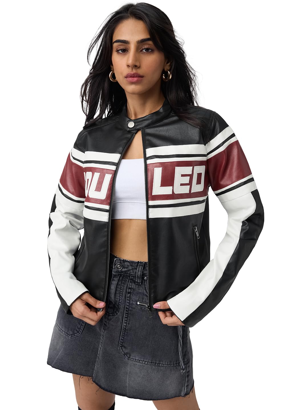 the souled store Biker Jacket Women and Girls Full Sleeves Band Collar Black Colour-Block Polyester Regular Fit Bold Typography Zippered Winter Jacket-picture-31
