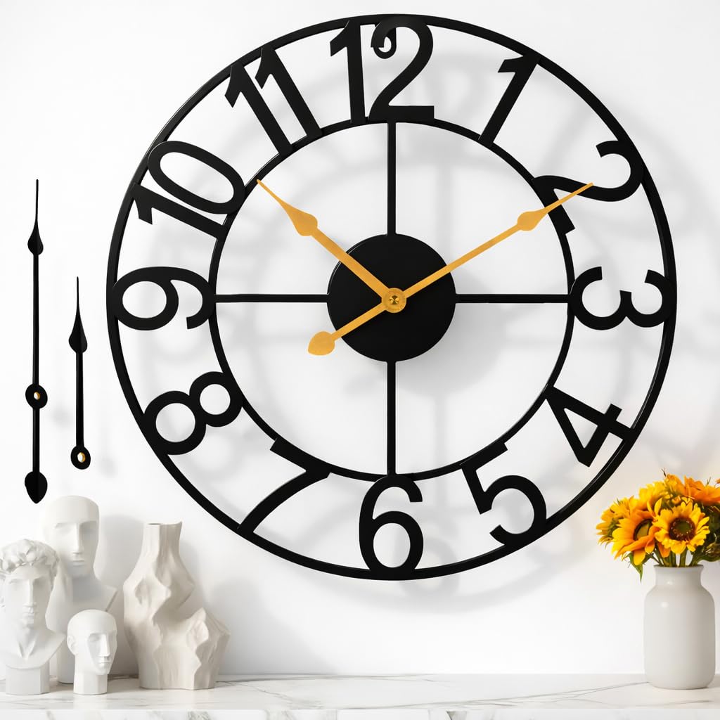 Jacksgifts Arabic Golden Hands Wall Clock - 47Cm, Non-Ticking Metal Arabic Numerals Wall Clocks With Gold-Tone Hands, Wall Clocks For Living Room, Bedroom, Wall Decor & Kitchen Clock - Free Black Hands Set (47 Cm)