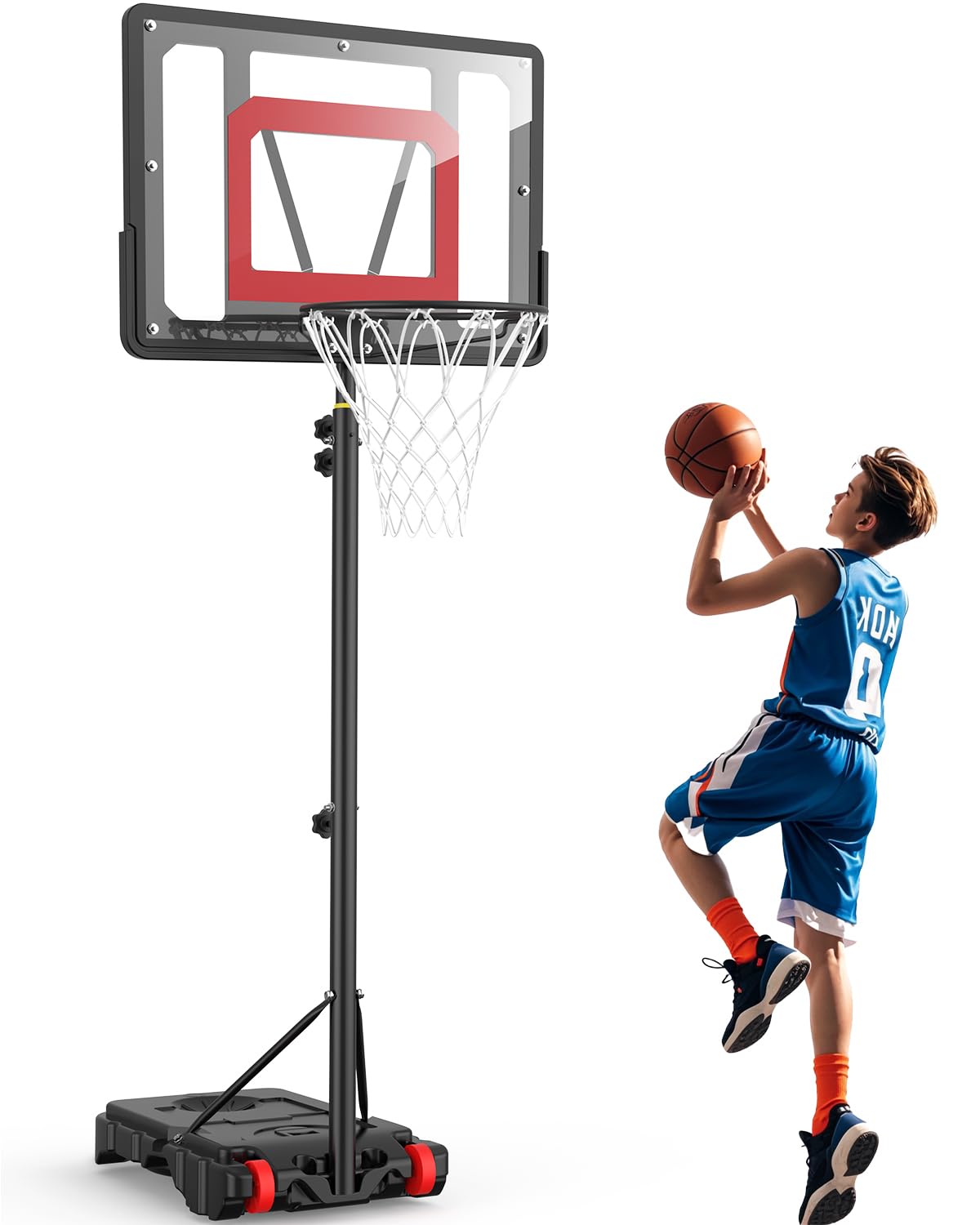 Basketballkorb Outdoor Kinder: 150-210 cm Höhenverstellbar Basketball ständer mit 80x60 cm bruchsichere Rückwand, Vergrößerter Basis und Rollen für Kinder