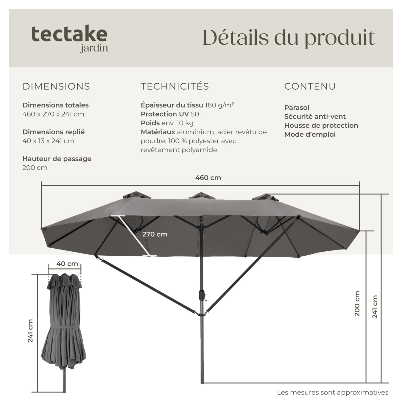 tectake® Parasol de Jardin Exterieur Parasol Double Rectangulaire à manivelle Cadre en Aluminium avec 1 Mât 460 x 270 x 241 cm, Protection UV 50+, Résistant au vent, pour Salon de jardin