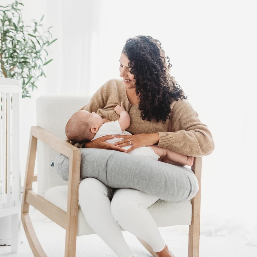Dreamgenii Cuscino per allattamento grigio – Supporto per gravidanza e allattamento con fodera rimovibile lavabile in lavatrice in 100% jersey di cotone