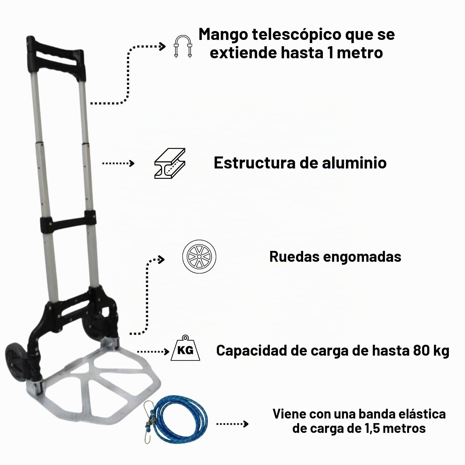 Carretilla de Carga Plegable de Aluminio Capacidad 80kg 176lbs con Elástico - Carrito para Viajes, Mudanza con Asa Telescópica