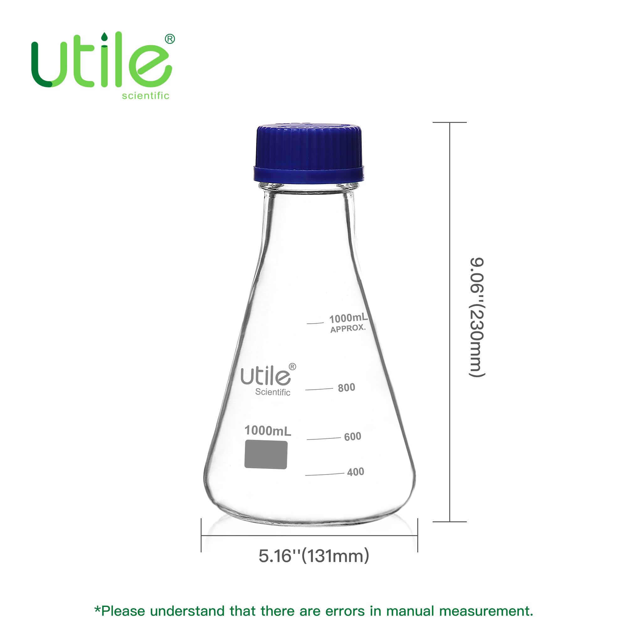 Utile 2 frascos Erlenmeyer de vidrio de 1000 ml con tapa azul, frascos Erlenmeyer de boca estrecha, frasco cónico de vidrio borosilicato 3.3 para experimentos de laboratorio y ciencia química,