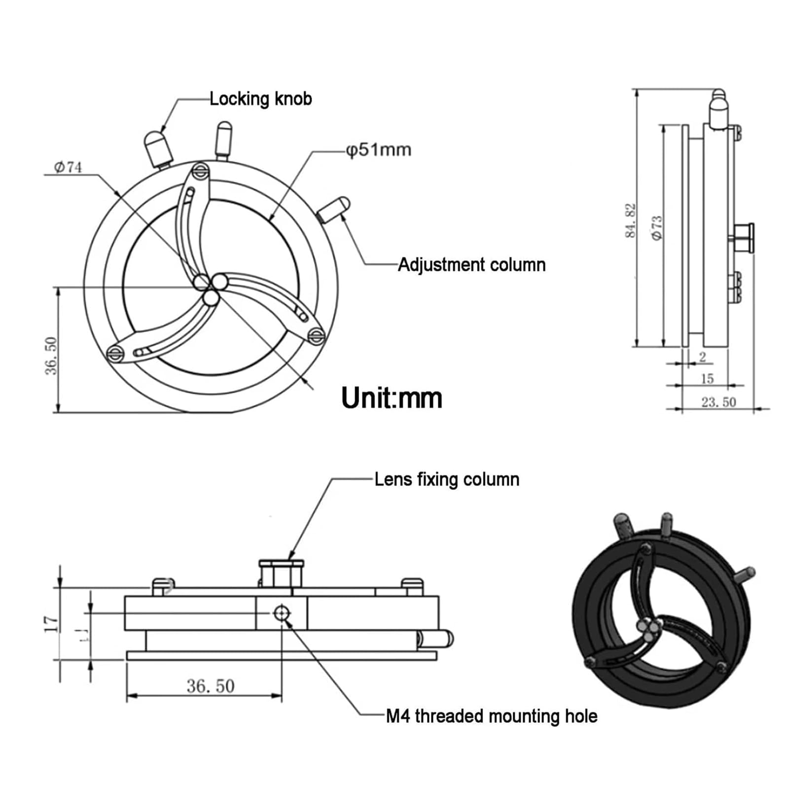 Soporte de lente coaxial, soporte autocentrante con brazos de soporte de sujeción, agujero roscado M4, aleación de aluminio antioxidante y duradera para experimentos ópticos