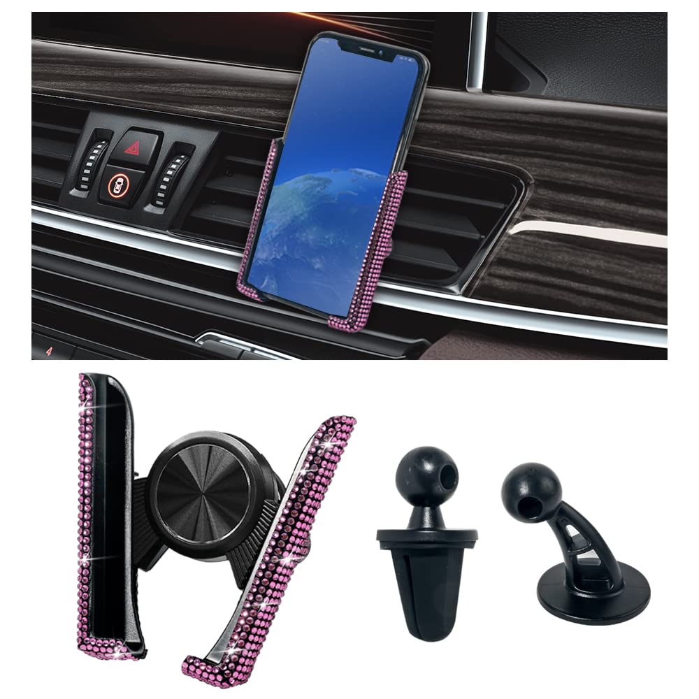 Bling Car Phone Holder, 360° Adjustable Crystal Auto Car Phone Mount,Universal Car Dash Air Vent Rhinestone Cell Phone Holder,Auto Car Stand Phone Mount Car Shiny Accessories (Pink)