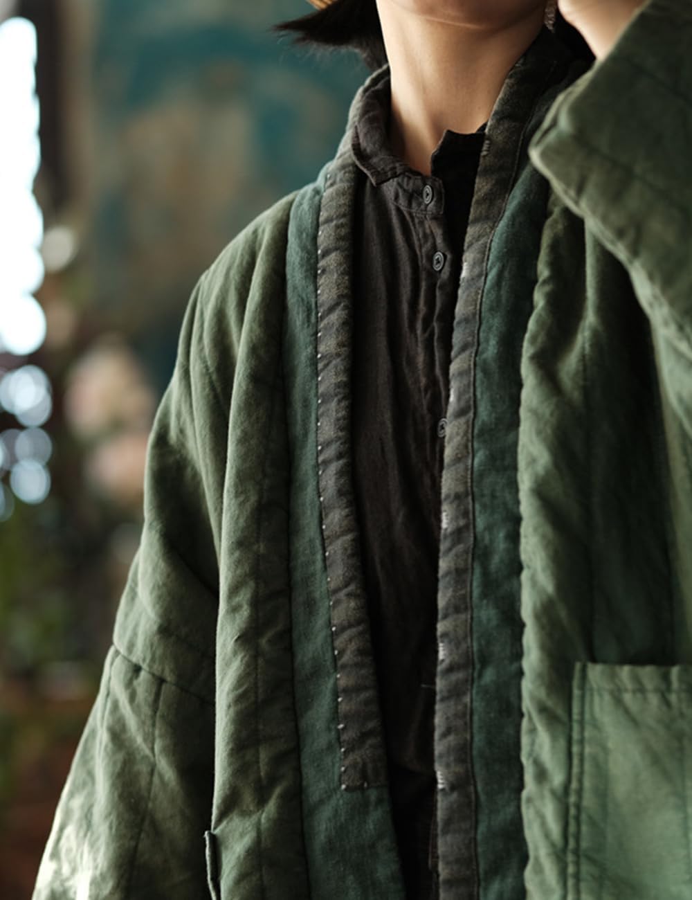 NFYM Women's Quilted Knee Length Coat Open Front Kimono Style Jacket Handmade Threading Outwear for Winter