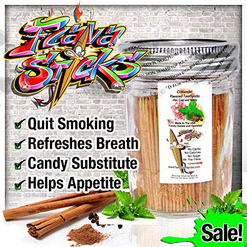 600 Cinnamint Flavor Natural Wooden Toothpicks in Glass Jar with Lid - Use to Quit Smoking and Freshen Breath After Food and Drink