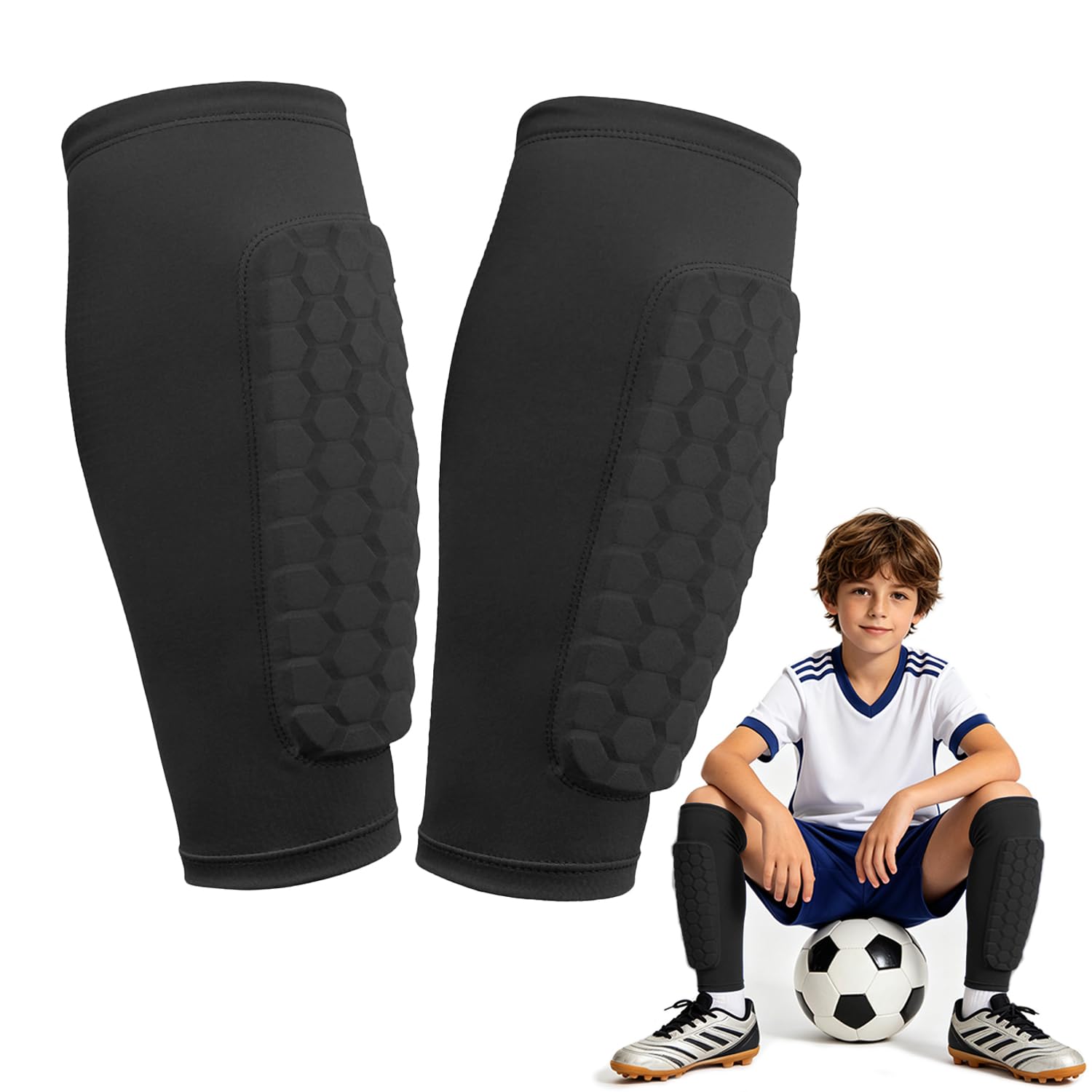 Football Shin Pads Boys, Kids Shin Pads 7-8 for Shock Absorption and Breathability Shinpads Accessories for Boy Girls Honeycomb Compression Sleeve Shinpads for Football Training XS/Black